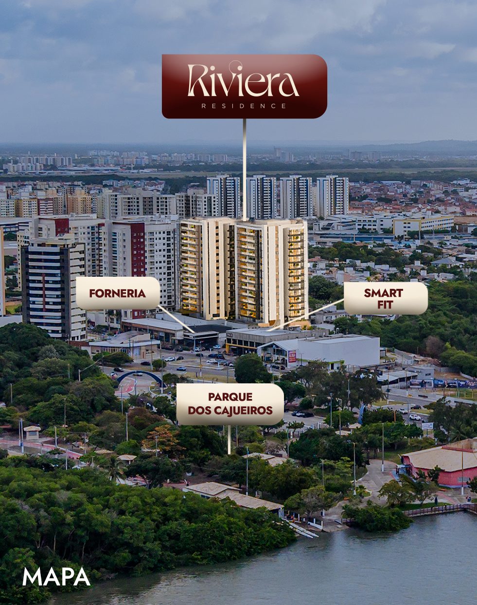 Mapa com o Riviera, a Forneria, a Smart Fit e o Parque dos Cajueiros