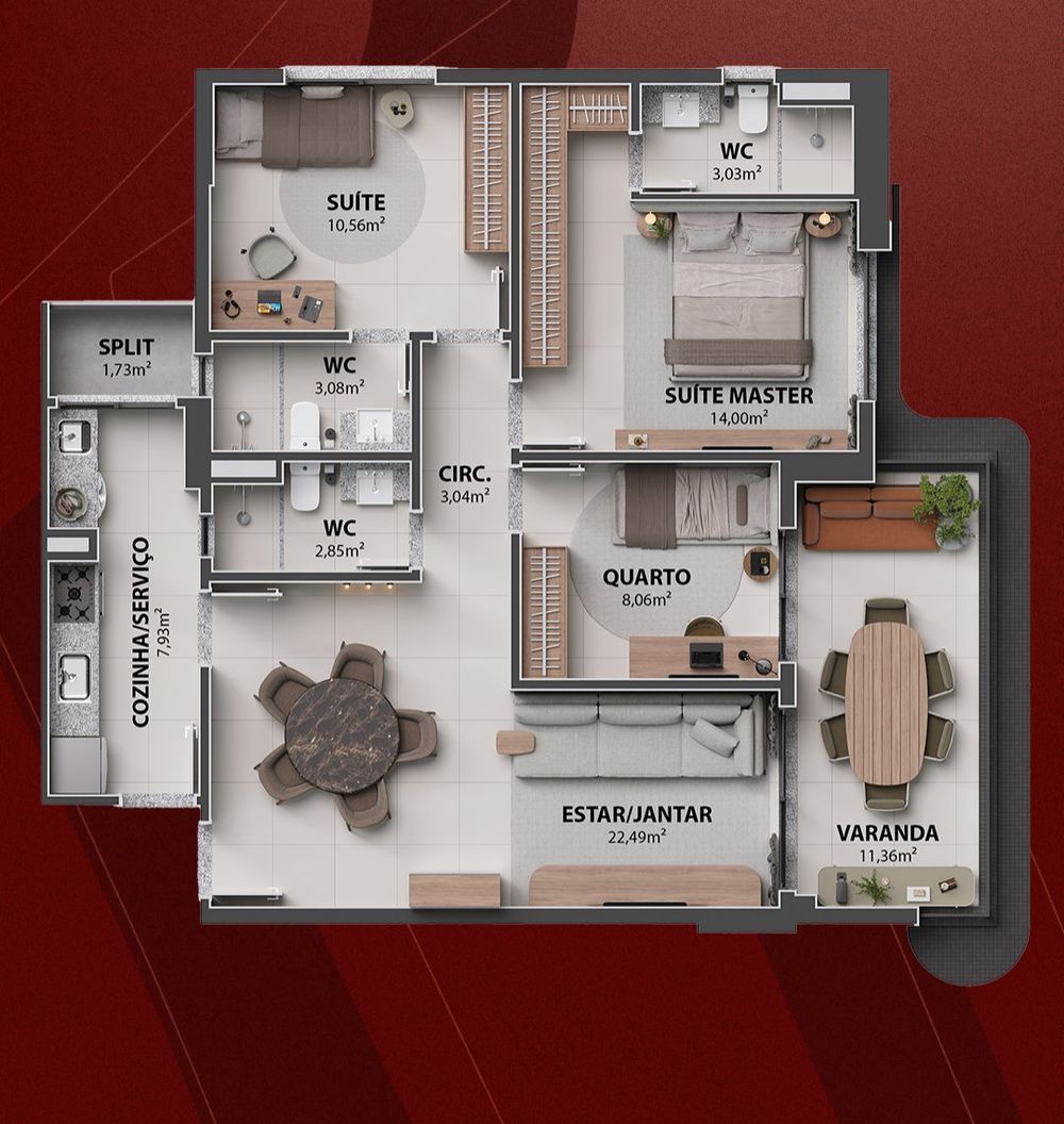 Planta 105 m² com 3 quartos