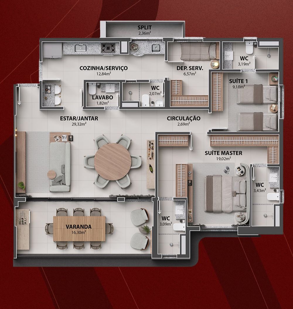 Planta 132 m² com sala ampliada