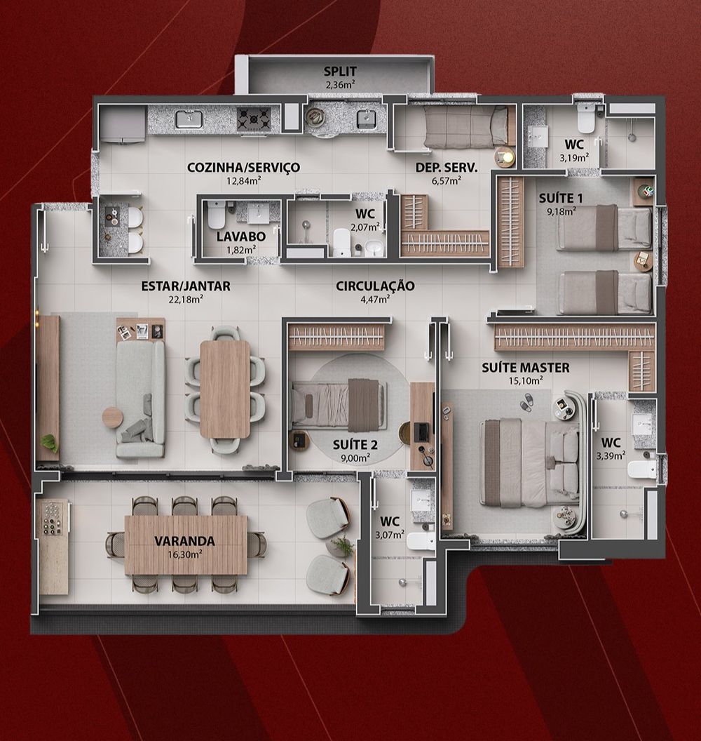 Planta 132 m² com 3 suítes